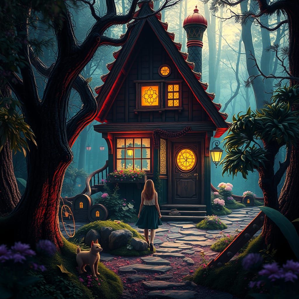 Mystical Forest Cottage in Art Nouveau Style