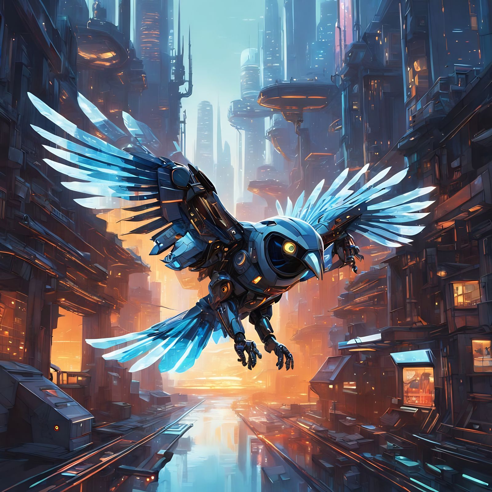 Cyberpunk Mechanical Bird Knocks on Volumetric Window