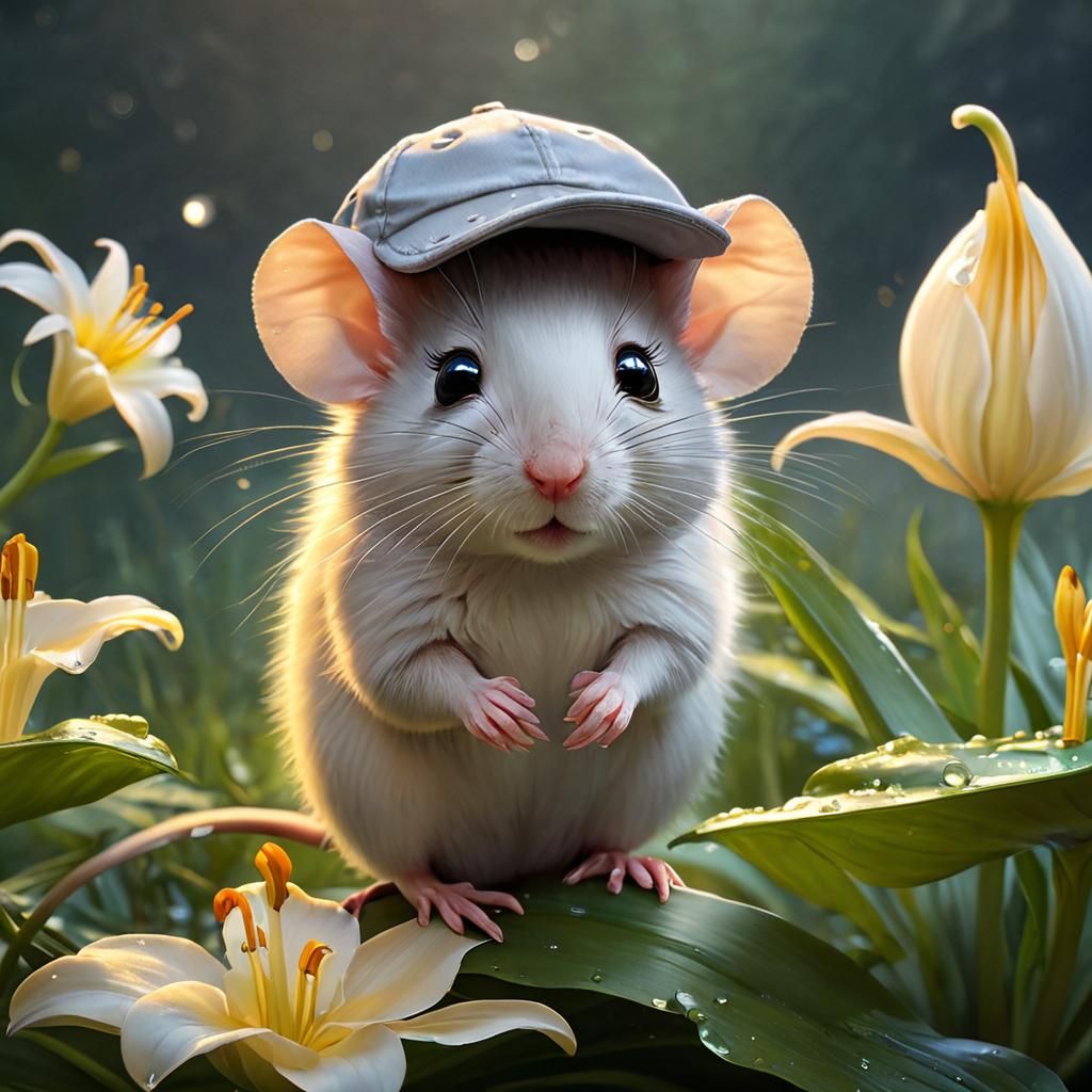 Mouse in Cap on Lily Pad: Oil Painting