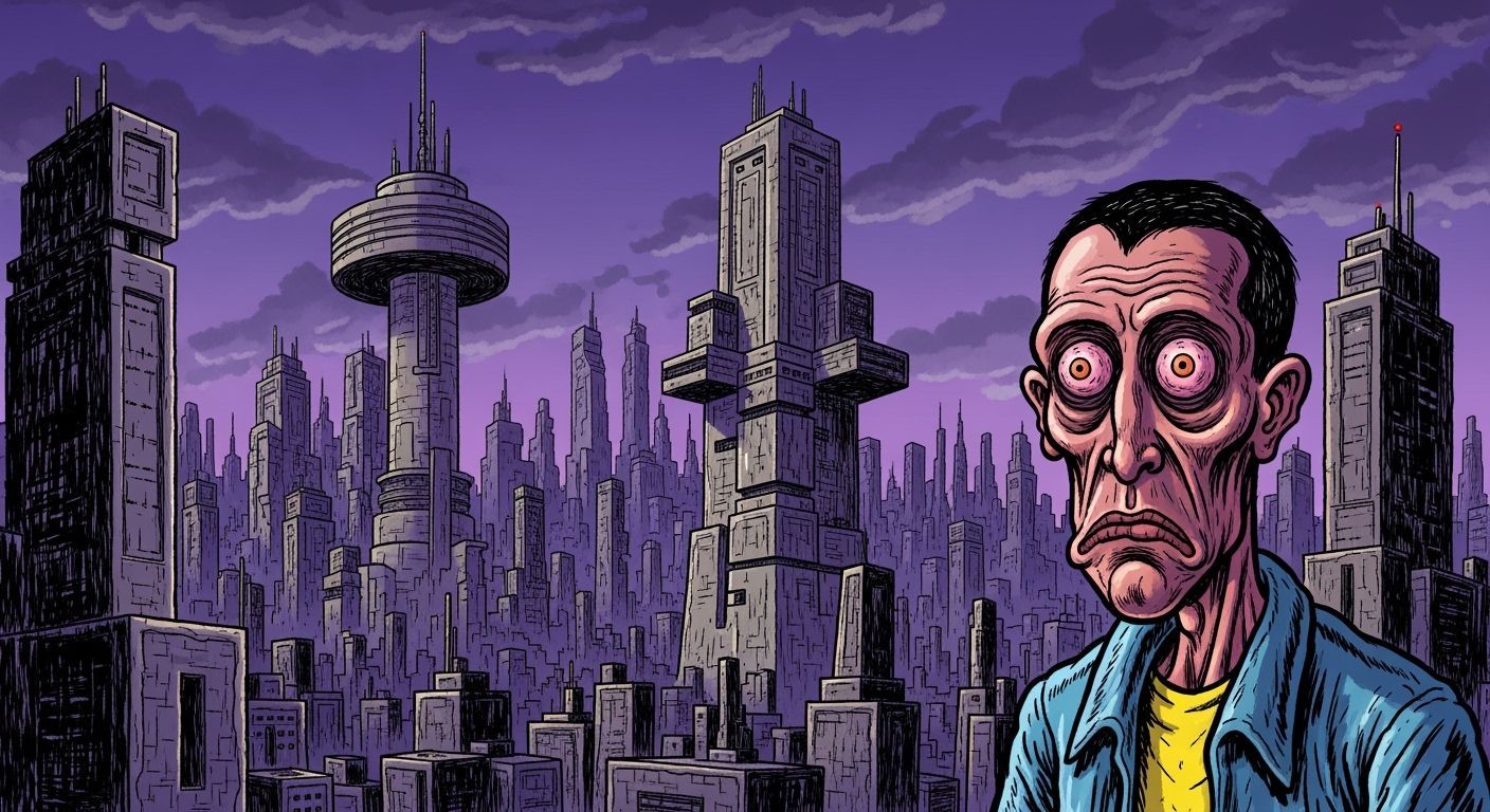 Dystopian Man Before Oppressive Cityscape