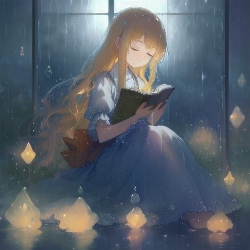 Princess Reading by Rainy Window: Watercolor Style