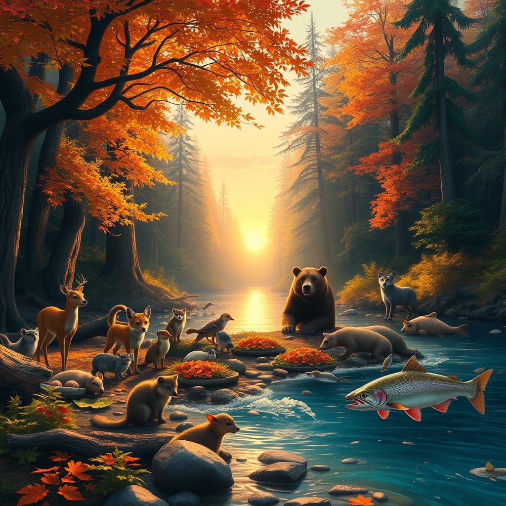 Serenely Gathered Forest Creatures Feast Beside a Sunset Riv...