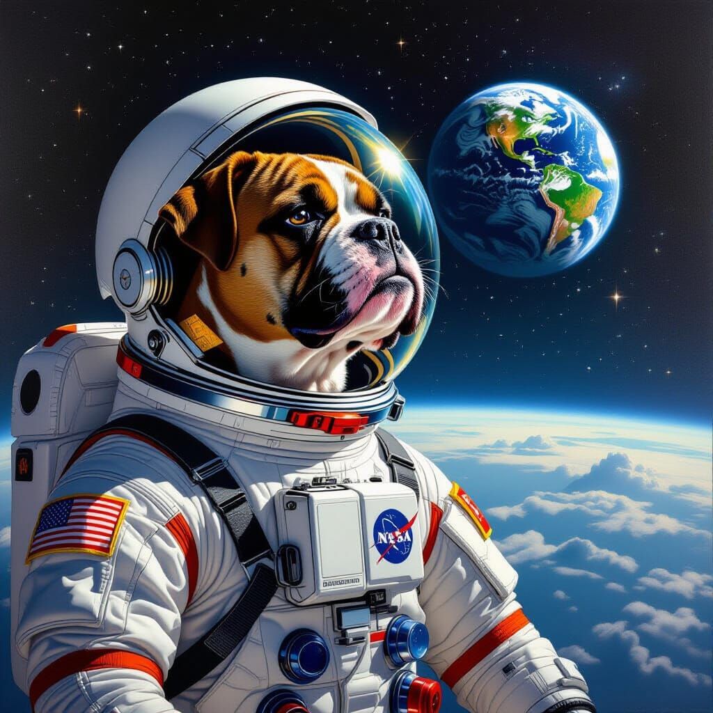 Boxer Dog Astronaut Gazing at Earth in Space