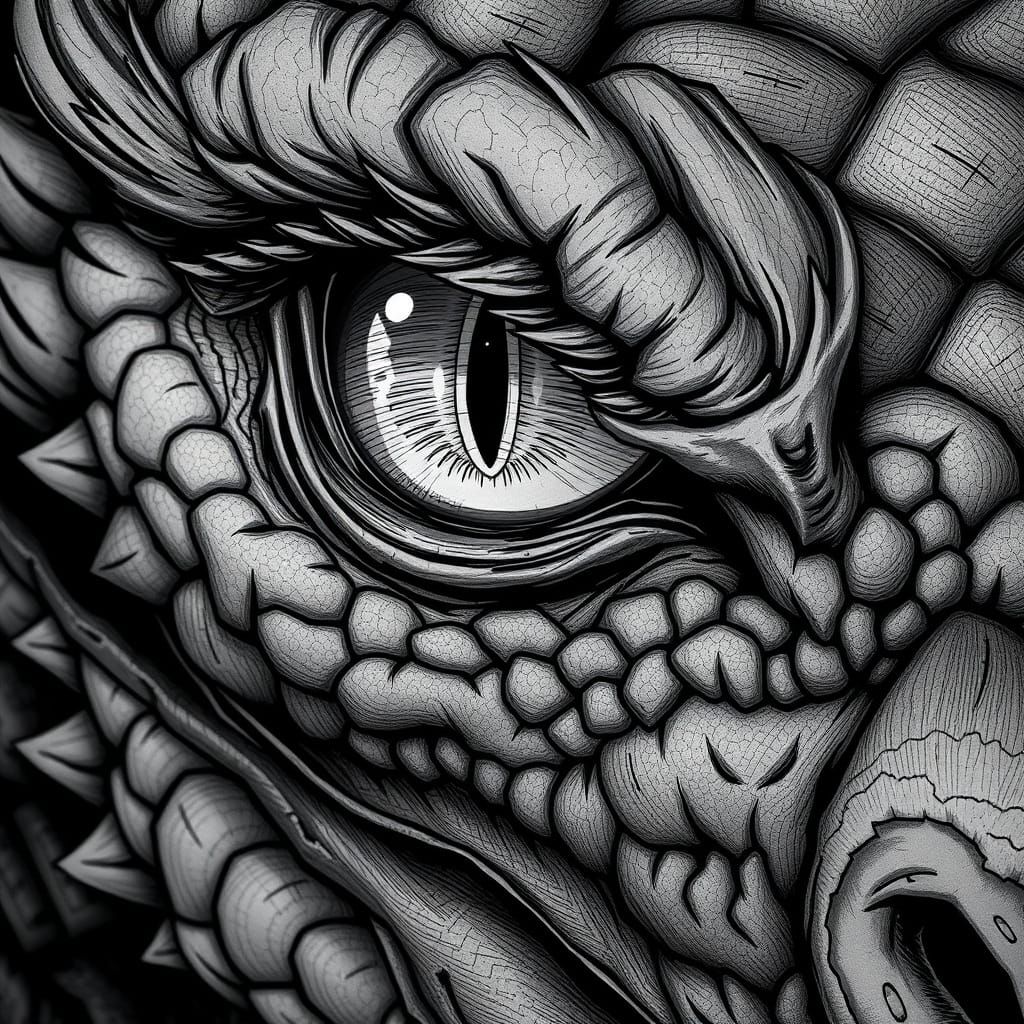 Manga-Inspired Dragon's Eye in Dark, High-Contrast Greyscale