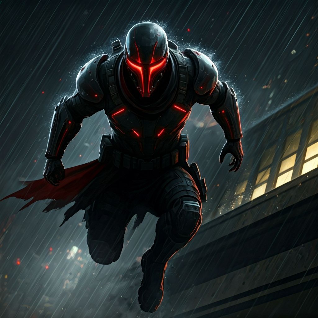 Futuristic Warrior Leaps from City Building