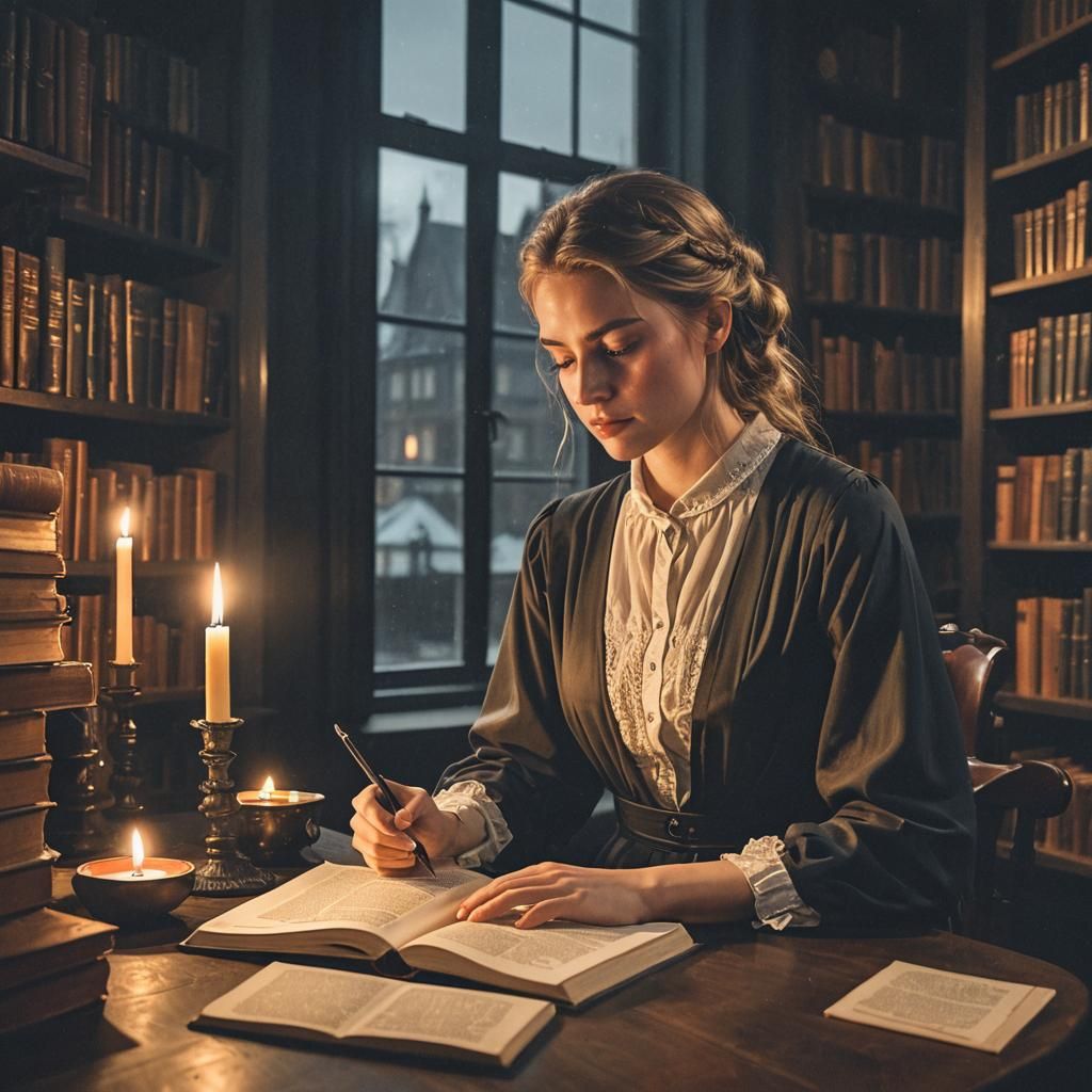 Young Woman Reading by Candlelight in Library