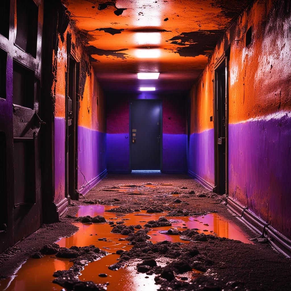 Hallway of Melted Metal Leading to Lit Door