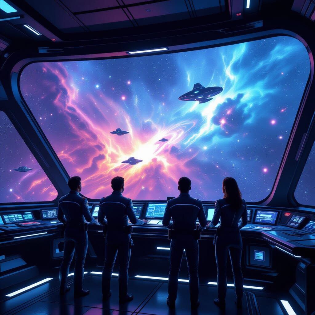 Nebula Vista: Diverse Explorers in Hyperrealistic Style