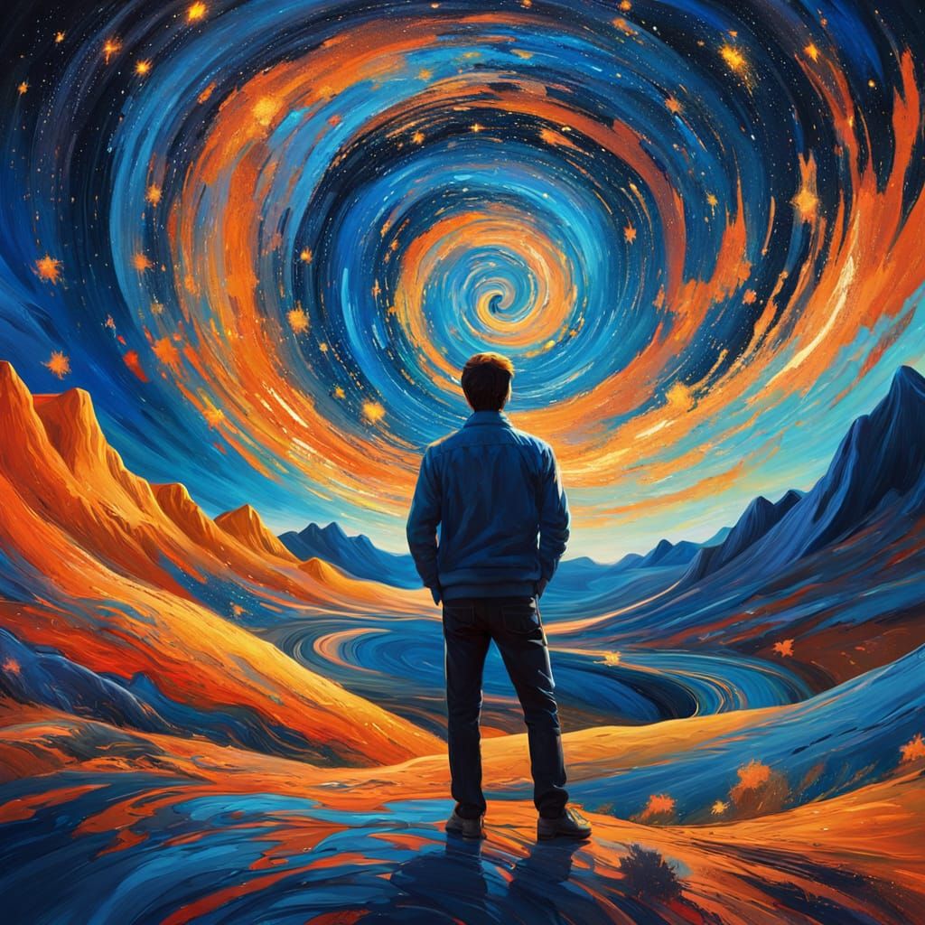 Surreal Man in Vibrant Landscape, Expressionist Art