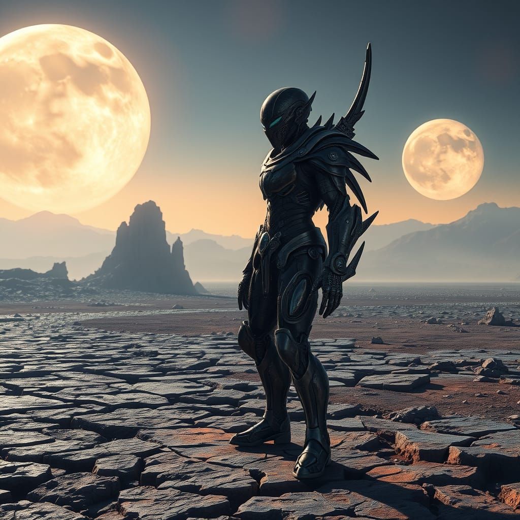 Avant-Garde Warrior on Alien Planet Under Twin Moons