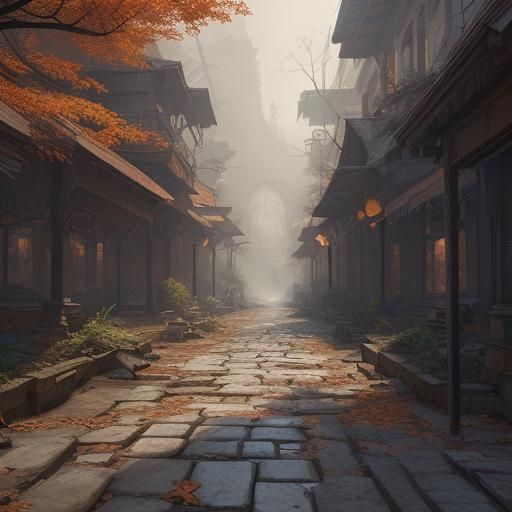 Leaf-Covered Streets in a Fantastical Forgotten City
