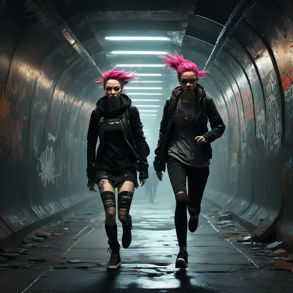 Punk Skater Girl in Cyberpunk Noir Tunnel