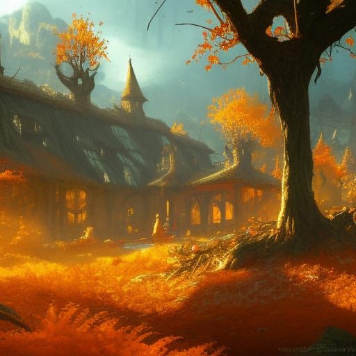 Faeriecore Elf Village in Autumnal Forest