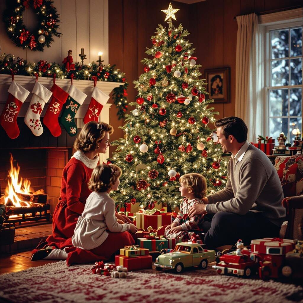 1960s Family Christmas Gathering Around Tree