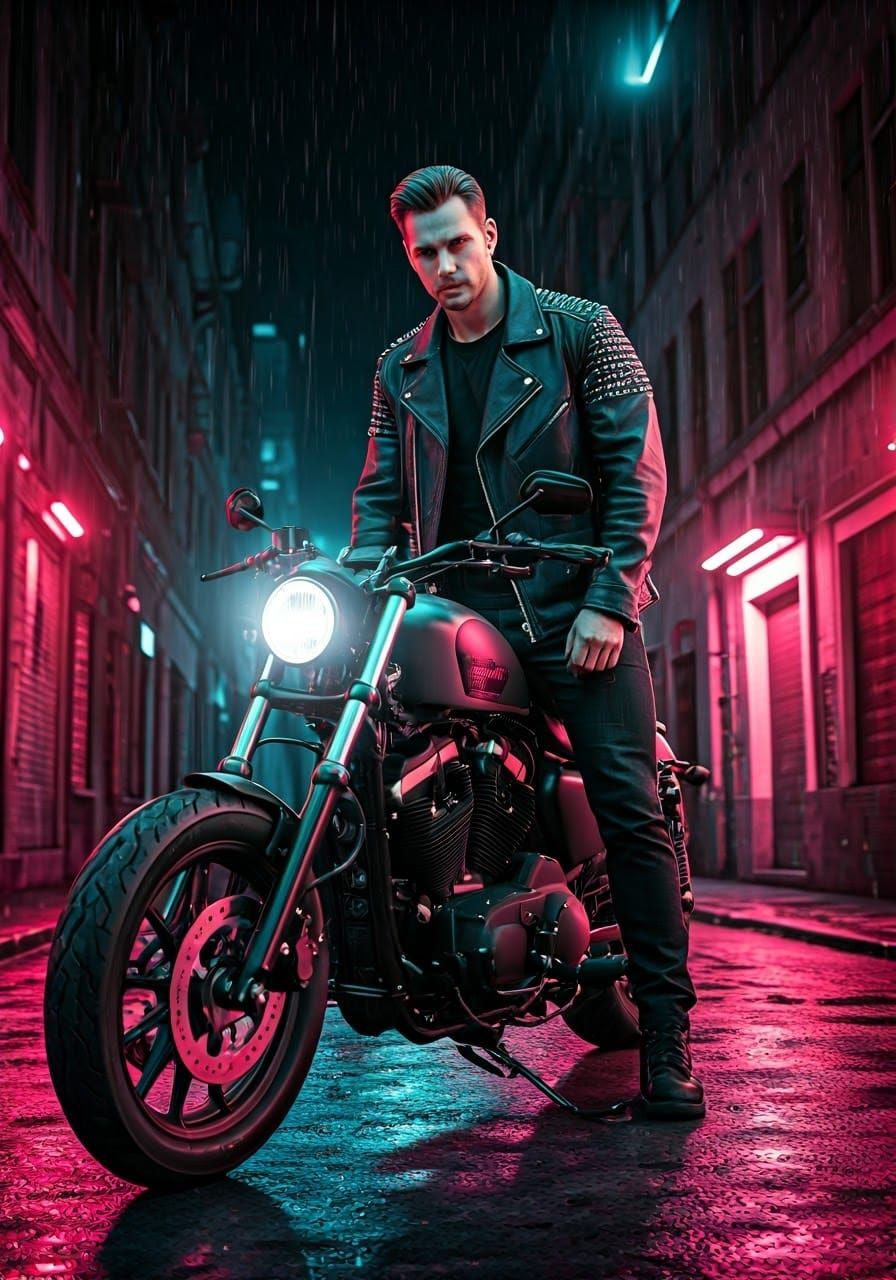 Cyberpunk Biker in Neon Alleyway