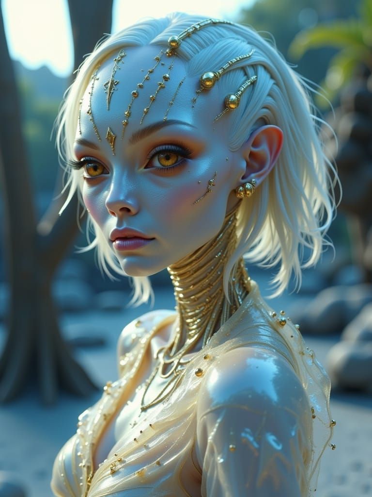 Hyperrealistic Alien Woman Portrait in Cosmic Twilight