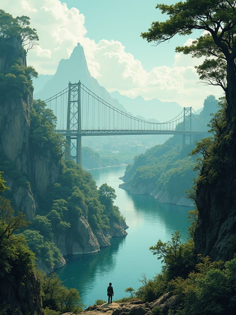 Dystopian Cityscape with River in Manga Aesthetic