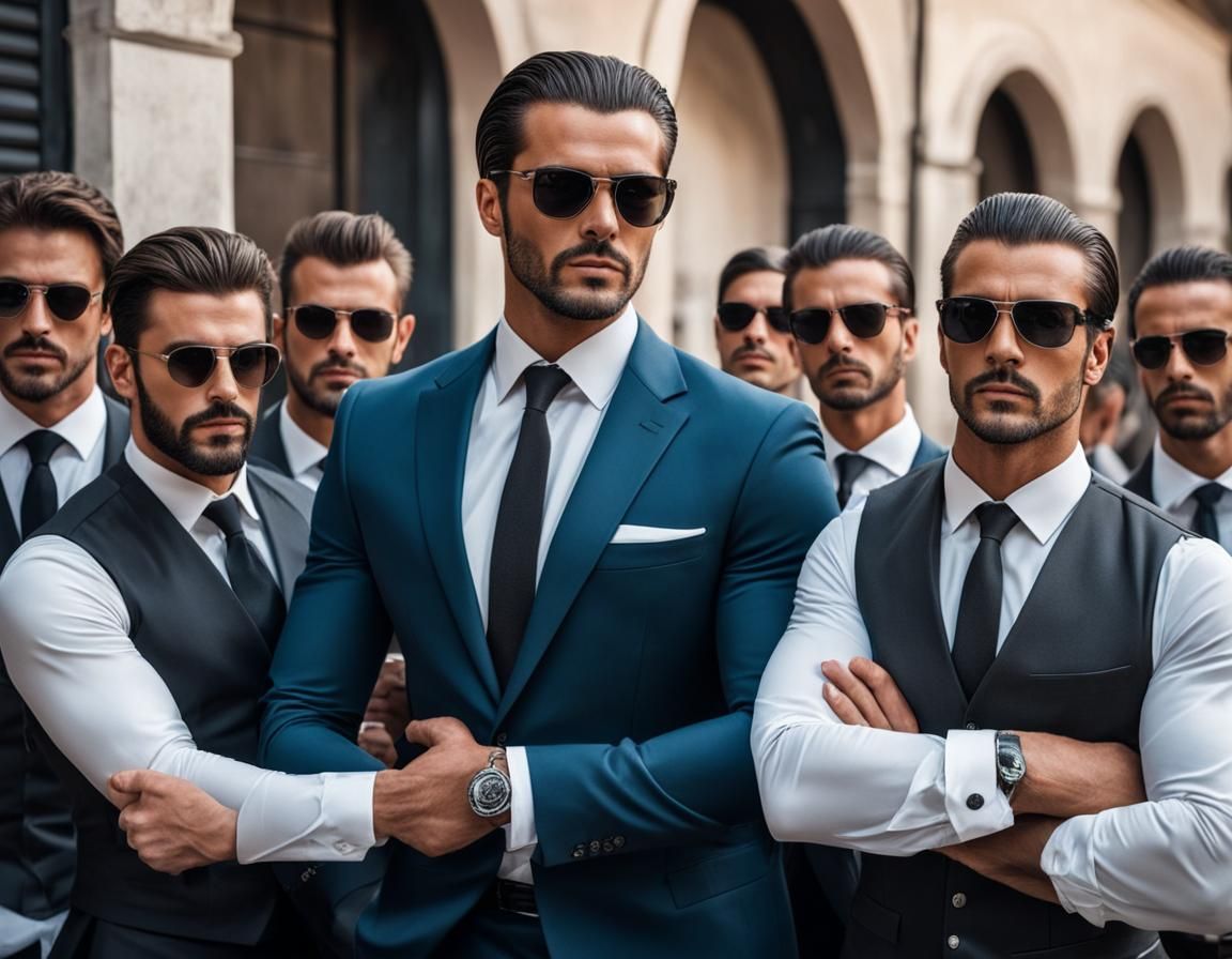 Charming Italian Man Protected by Bodyguards