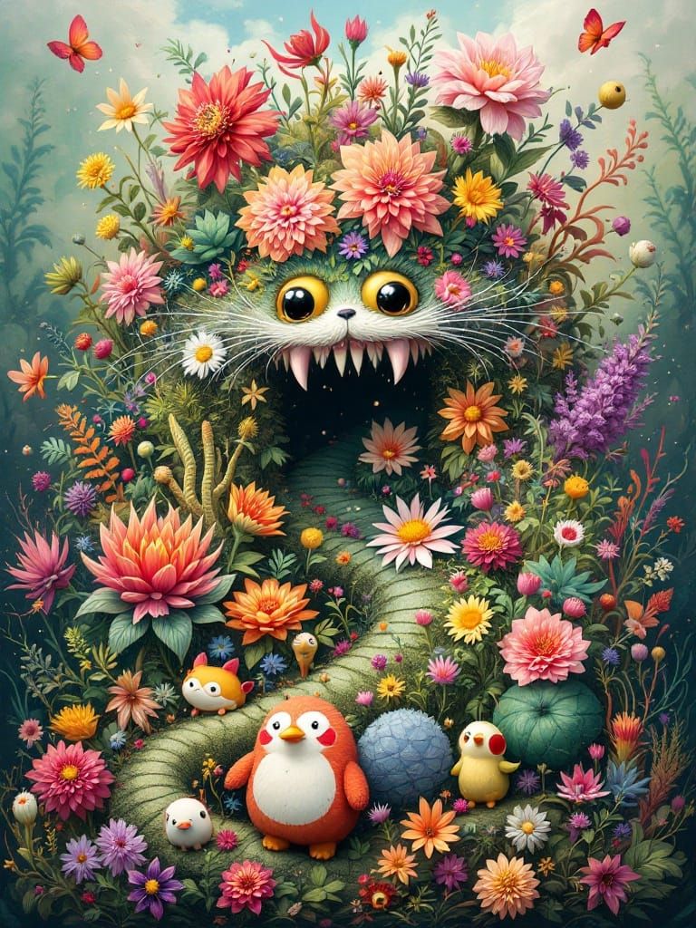 Whimsical Jungle Scene with Vibrant, Fuzzy Creatures
