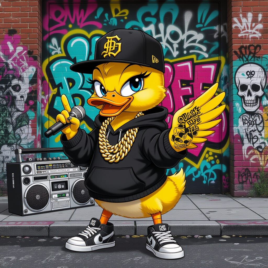 Tough Cartoon Duckling Rapping in Pixar Style
