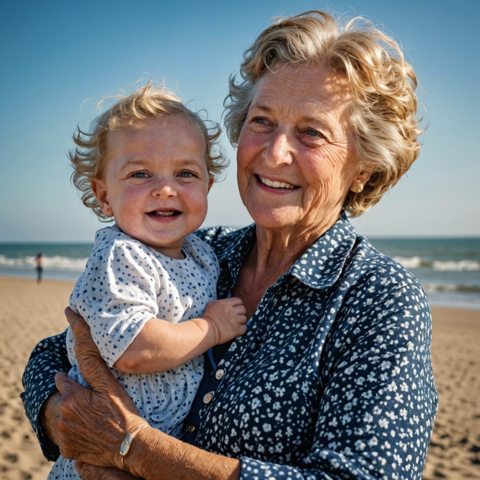 Happy Dutch Grandmother and Baby on North Sea Beach