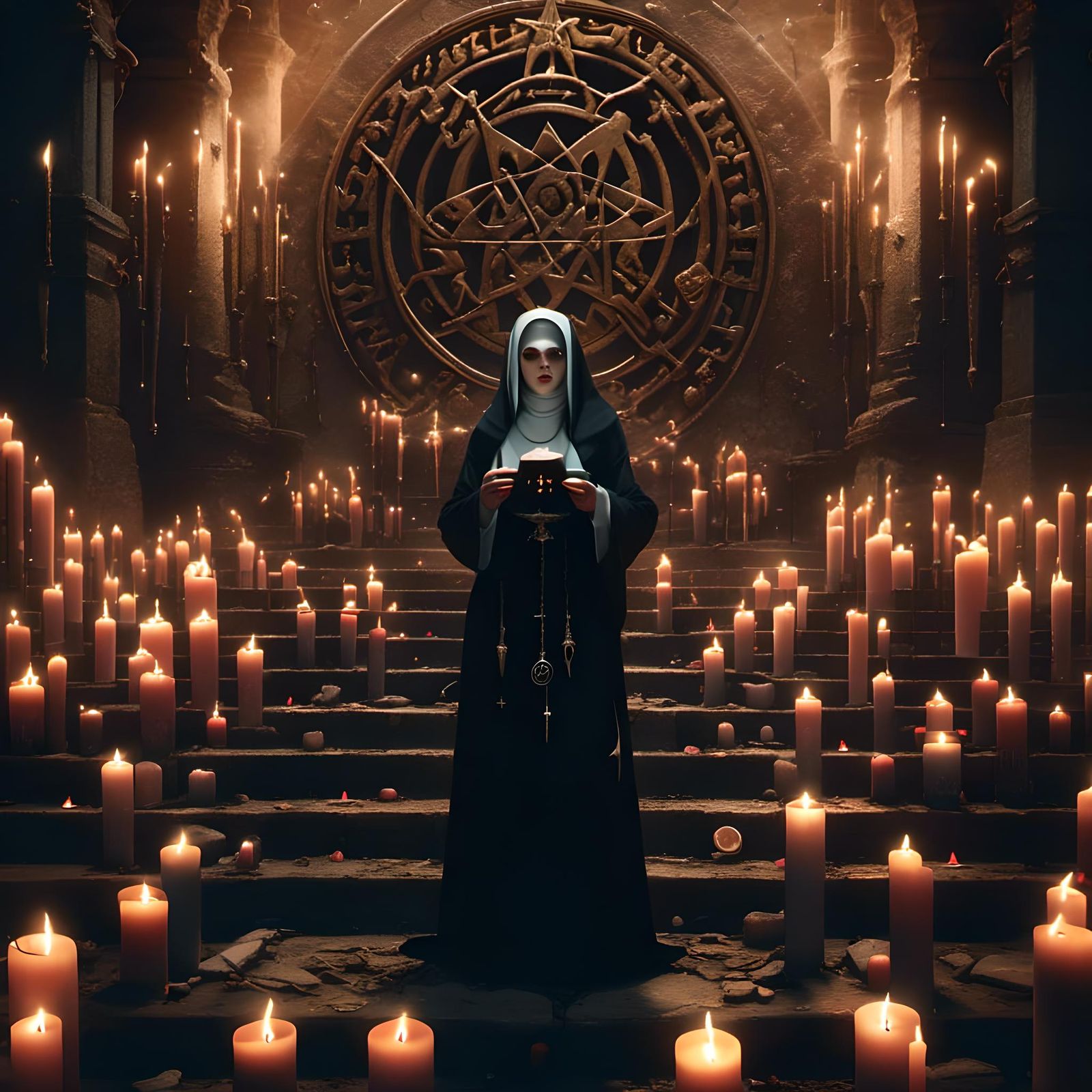Sinister Nun with Pentagram in Dark Religion Setting