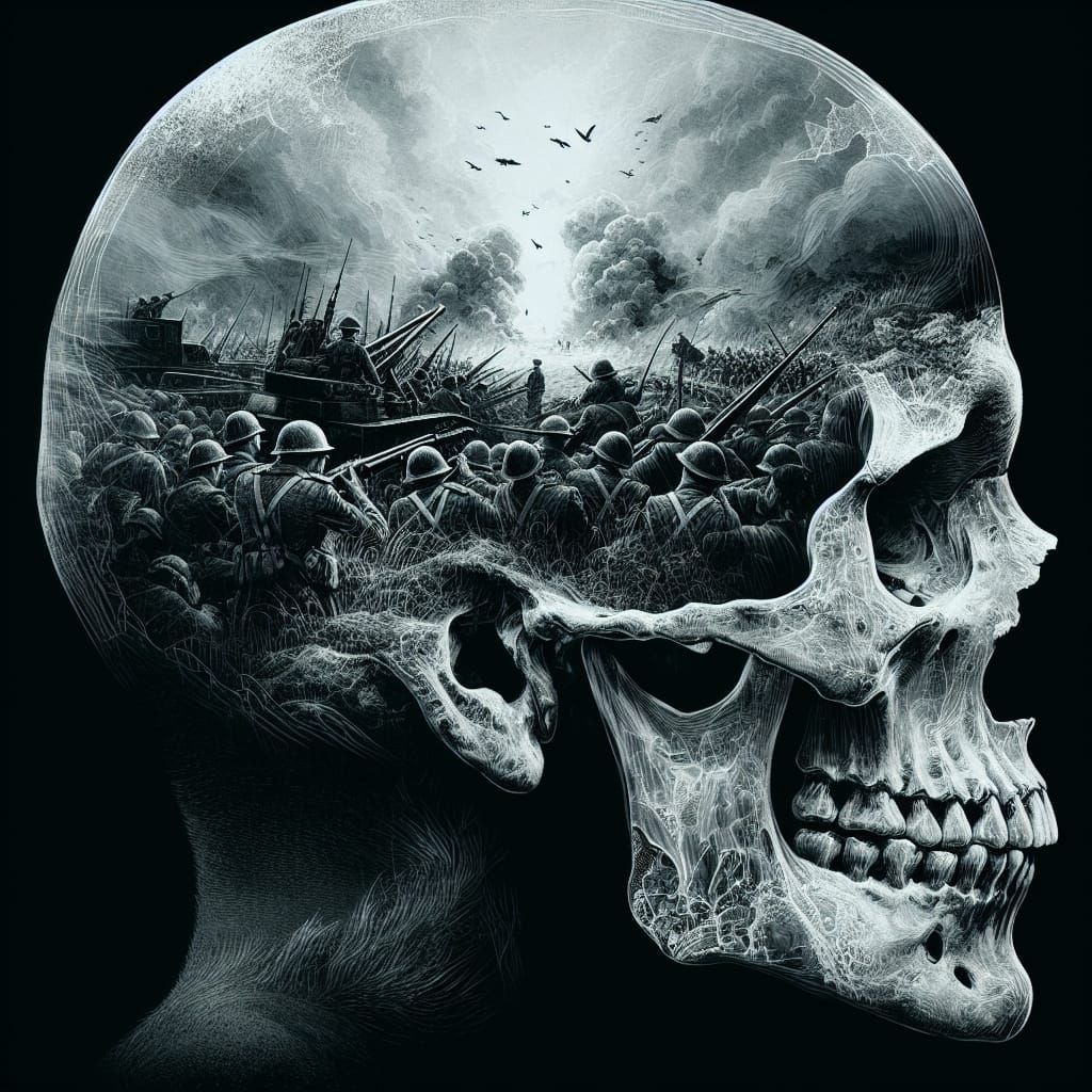 WWII Battle Inside Skull: Dreamlike Double Exposure