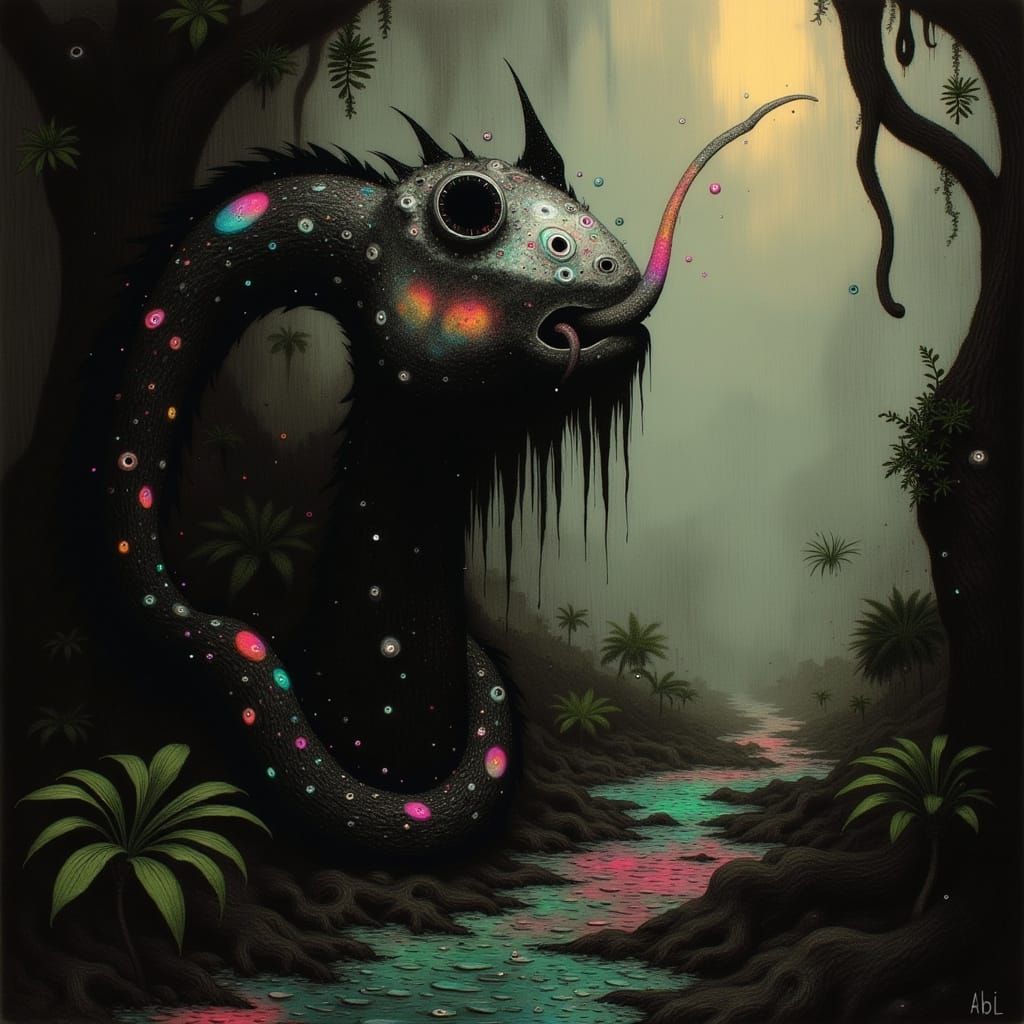 Surreal Jungle Encounter with a Snake-Cat Hybrid in Mystical...