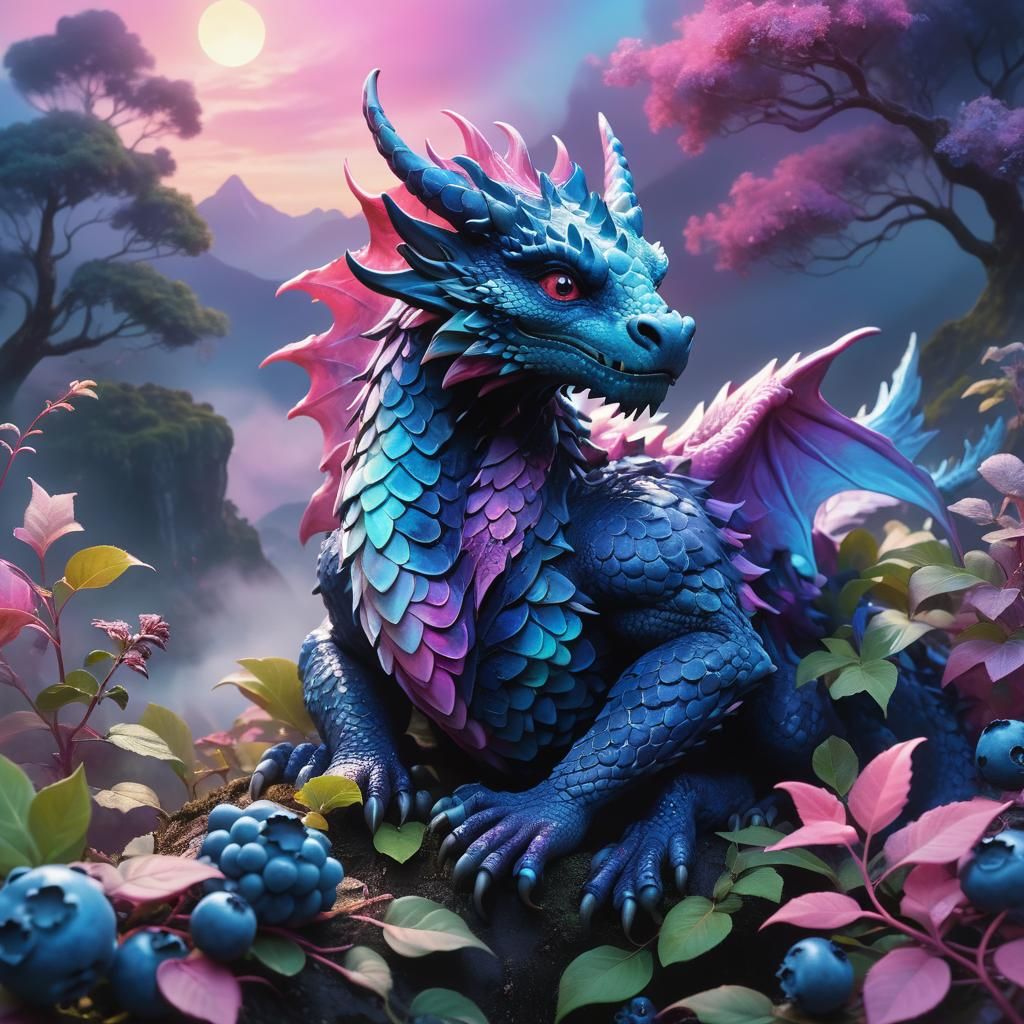 Blueberry Dragon Hybrid in Eerie Landscape, Digital Art