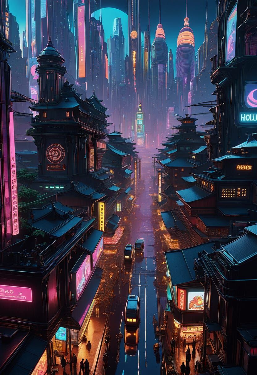Cyberpunk Metropolis at Night: Neon and Skyscrapers