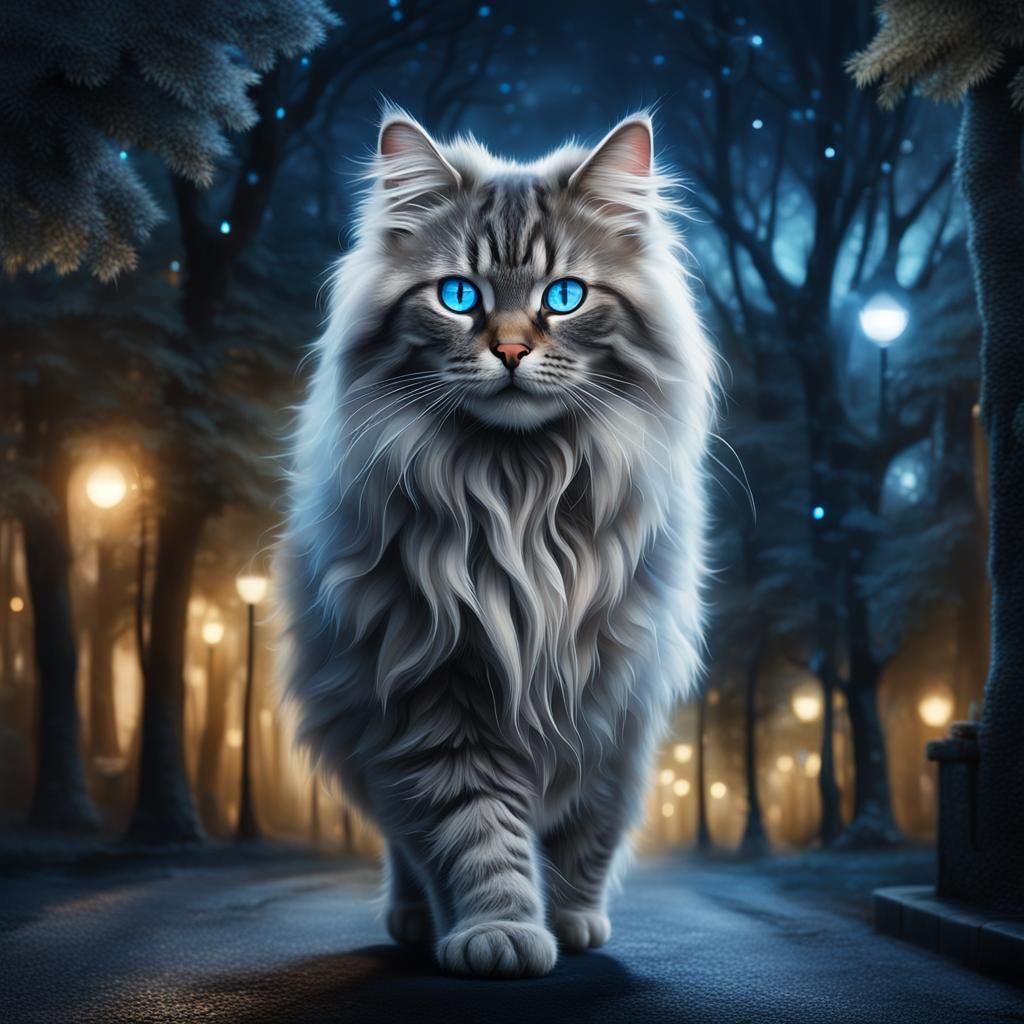 Fluffy Grey Cat with Blue Eyes in Cityscape