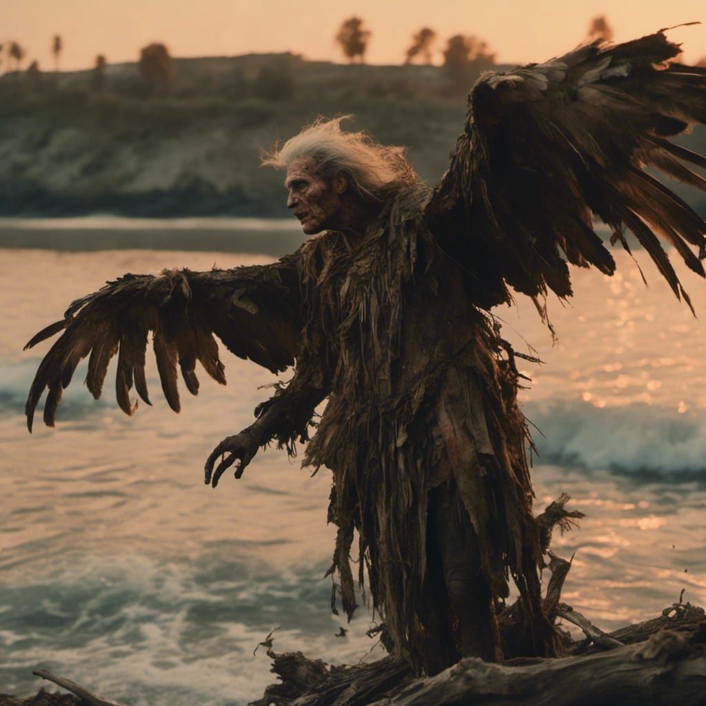Cinematic Castaway Possessed by Vulture on Desolate Shore