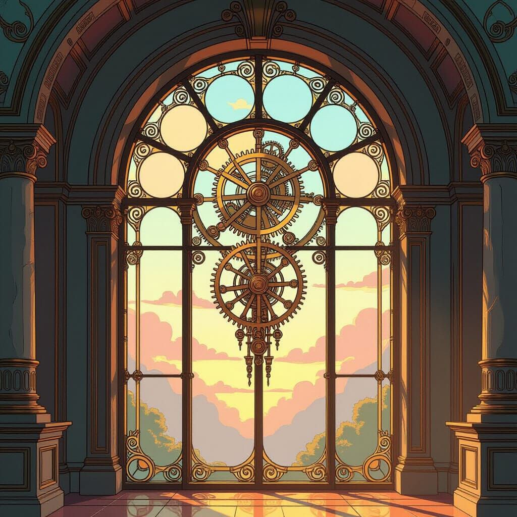 Stained Glass Window with Gears in Pastel Colors