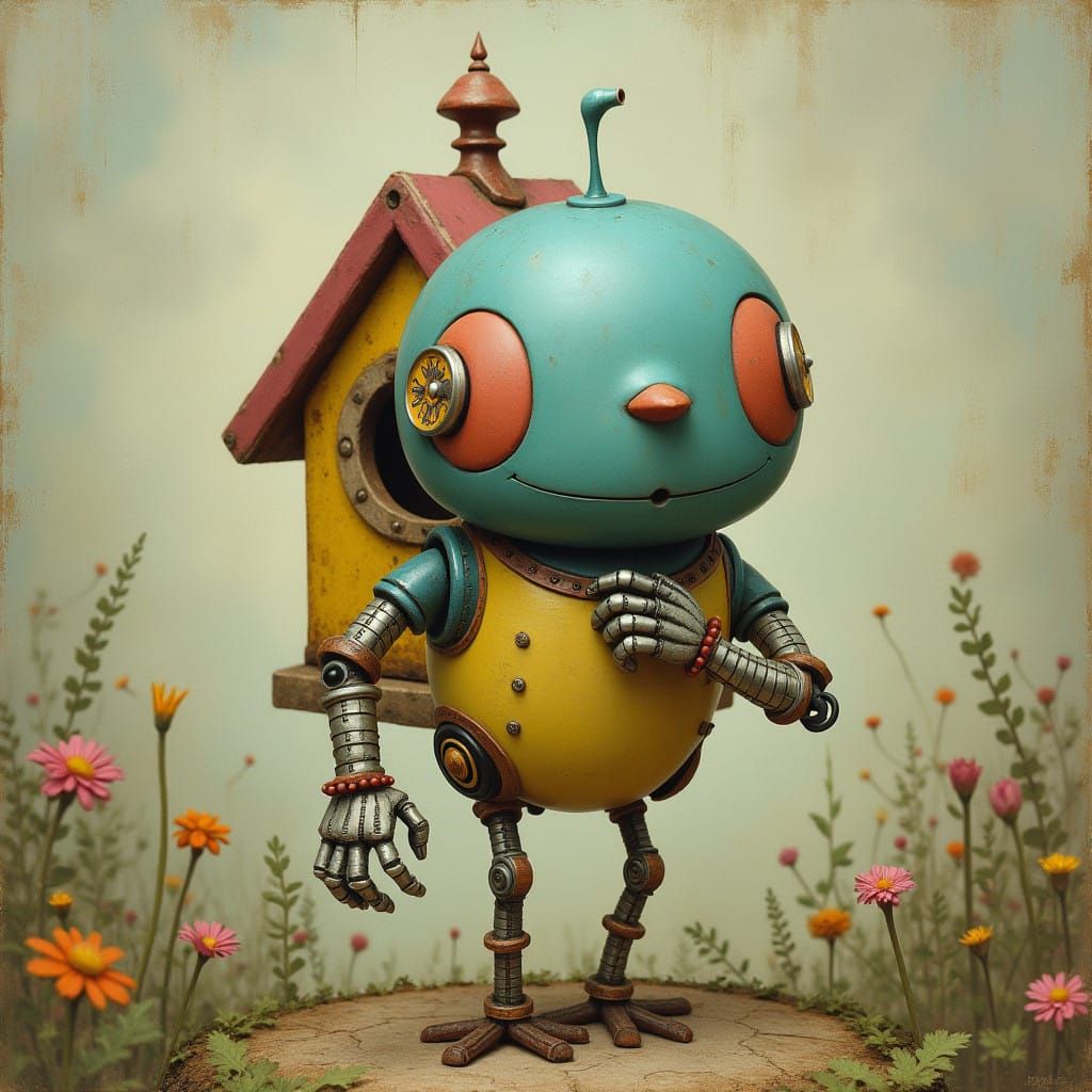 Whimsical Robot Birdhouse Scene in a Darkly Dreamlike Aesthe...
