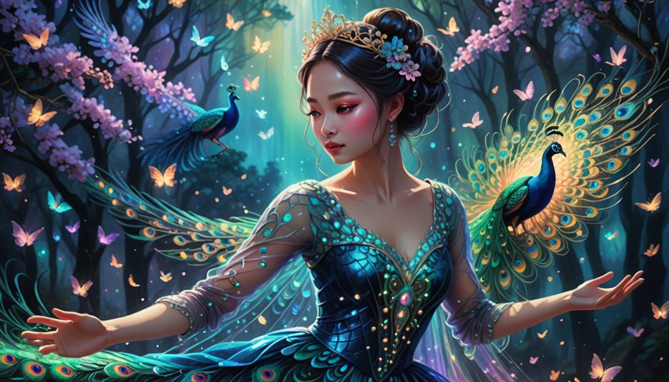 Whimsical Asian Peacock Fairy in Iridescent Hues