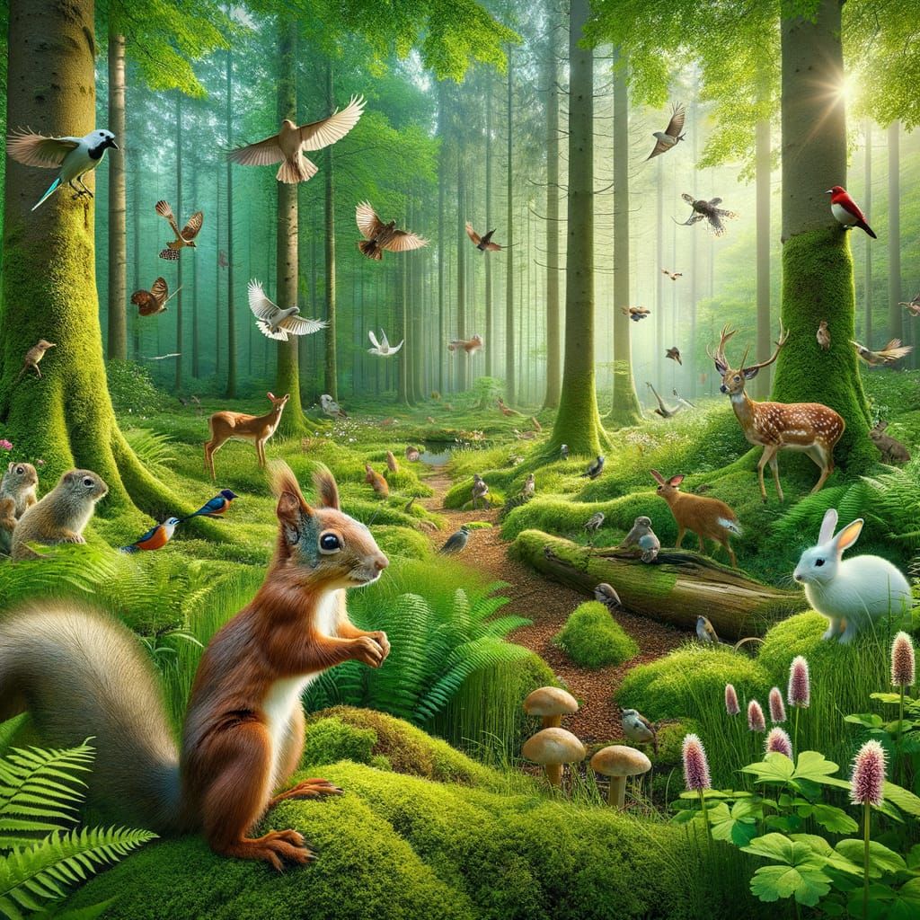 Walking through the forest, small animals around