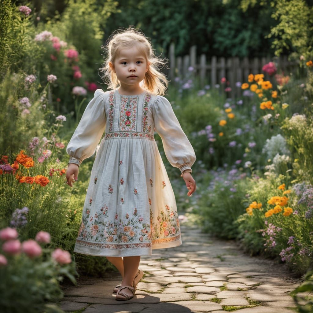 Canon 64 megapixel photography. Close-up. A little girl with blond hair tied back plays with a ball in a small garden. S...