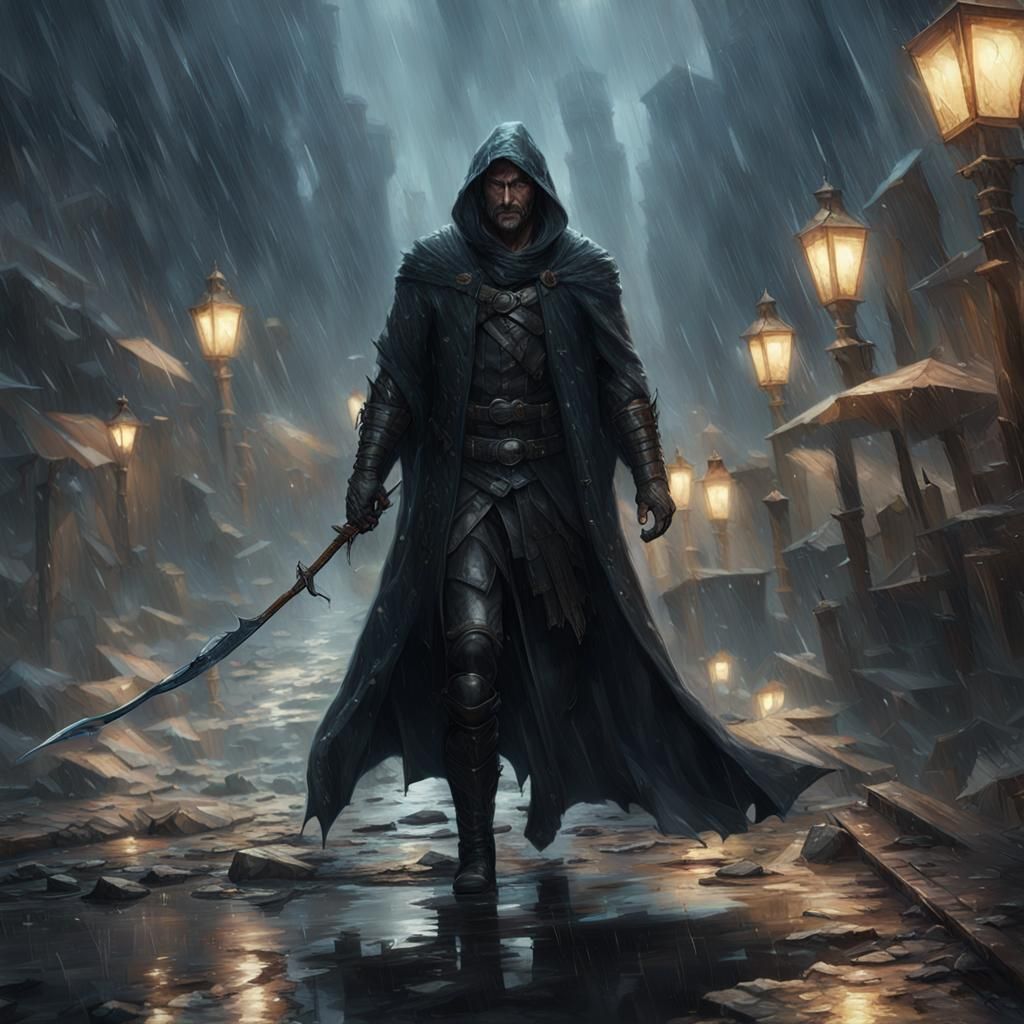 Scarred Man with Whip in Rain, Dark Fantasy Art