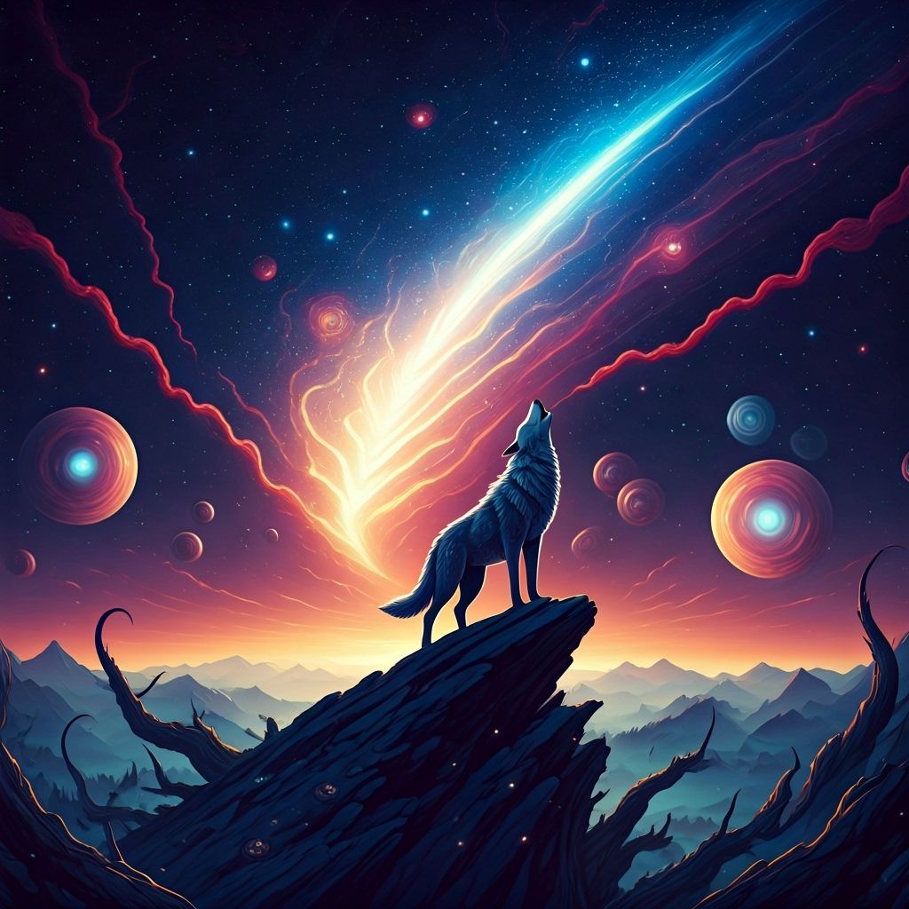 Starlit Wolf Howling at Cosmic Horror Sky