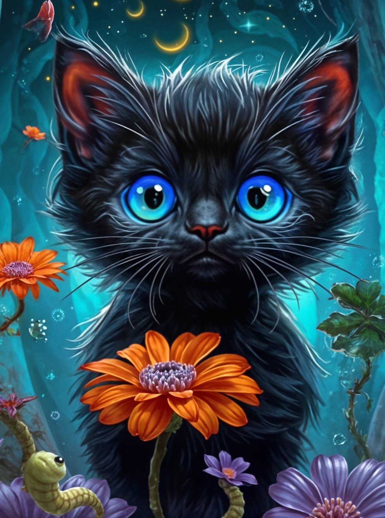 Black Kitten Gazing at Magical Flower in Forest