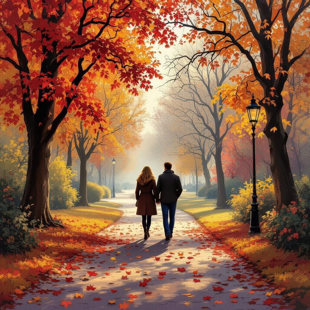 Romantic Autumn Park Stroll in Oil Painting Style