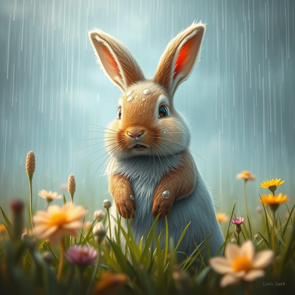 Whimsical Rabbit in a Rainy Meadow