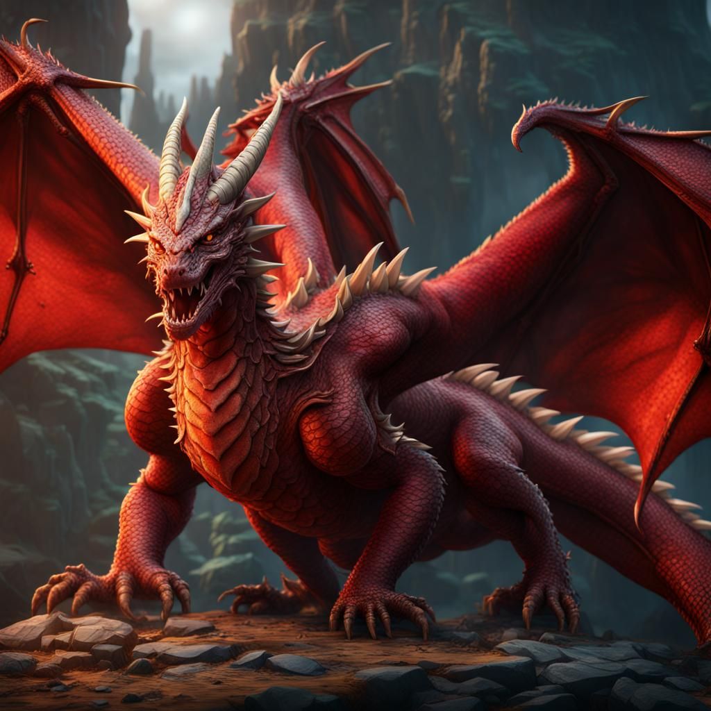 Majestic Red Dragon in Detailed Fantasy Art