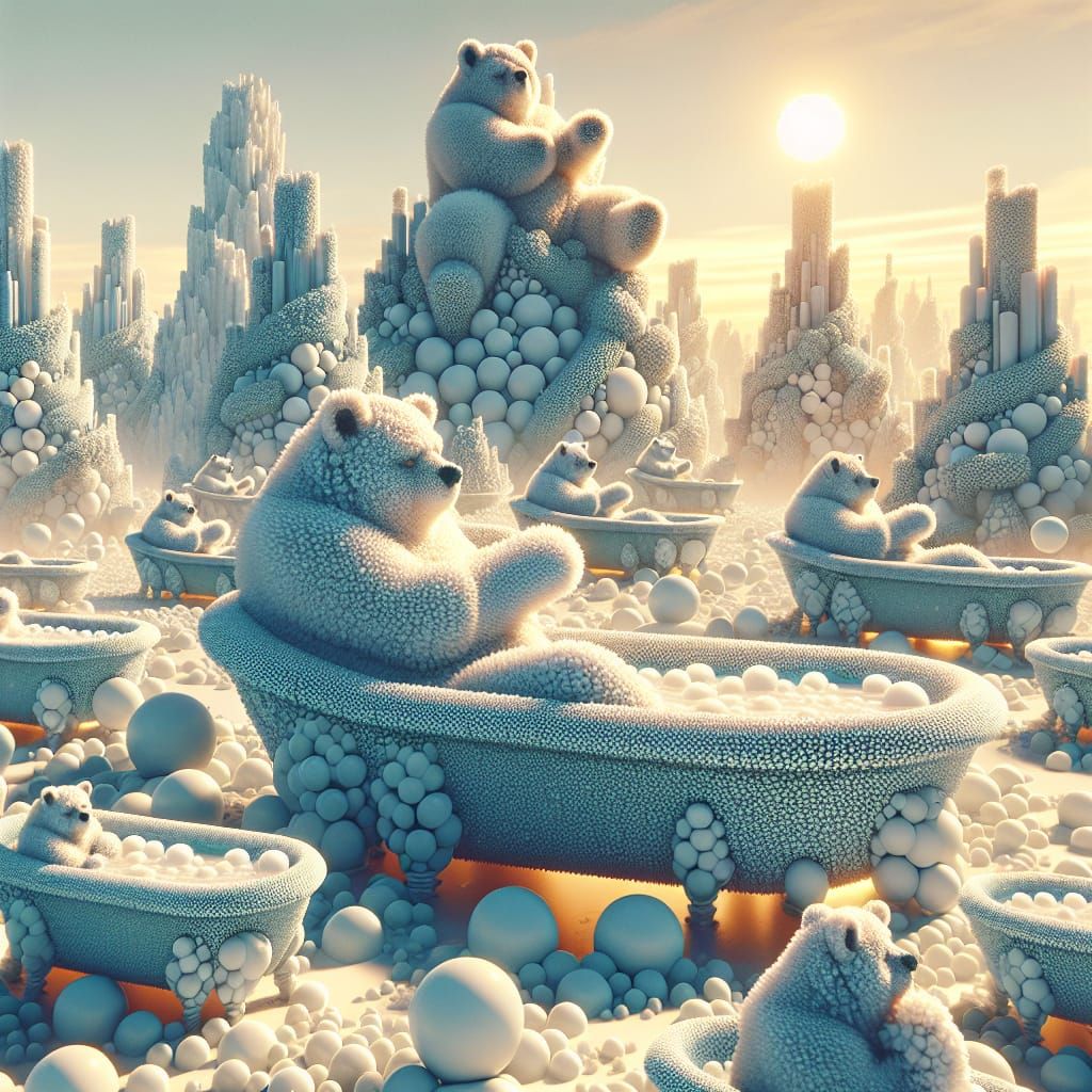 Frostbears Relaxing in Glass Bathtubs at Sunset