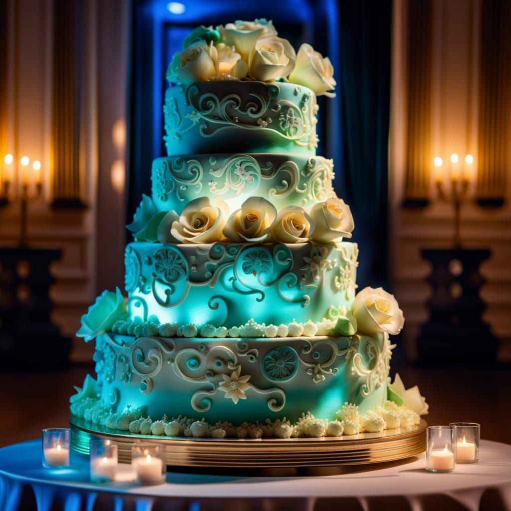 Elegant Bioluminescent Wedding Cake in Ballroom