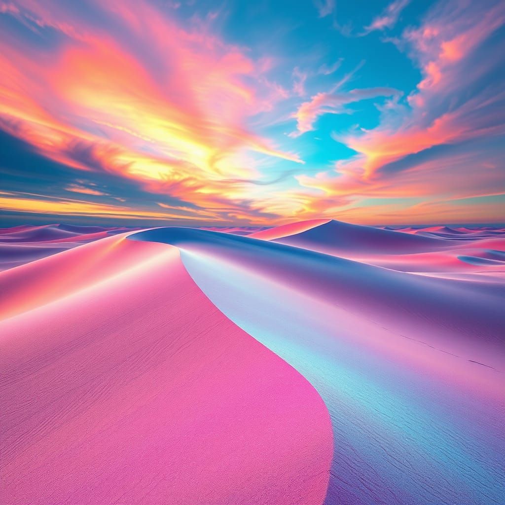 Surreal Iridescent Dunes in a Vibrant, Dreamlike Landscape