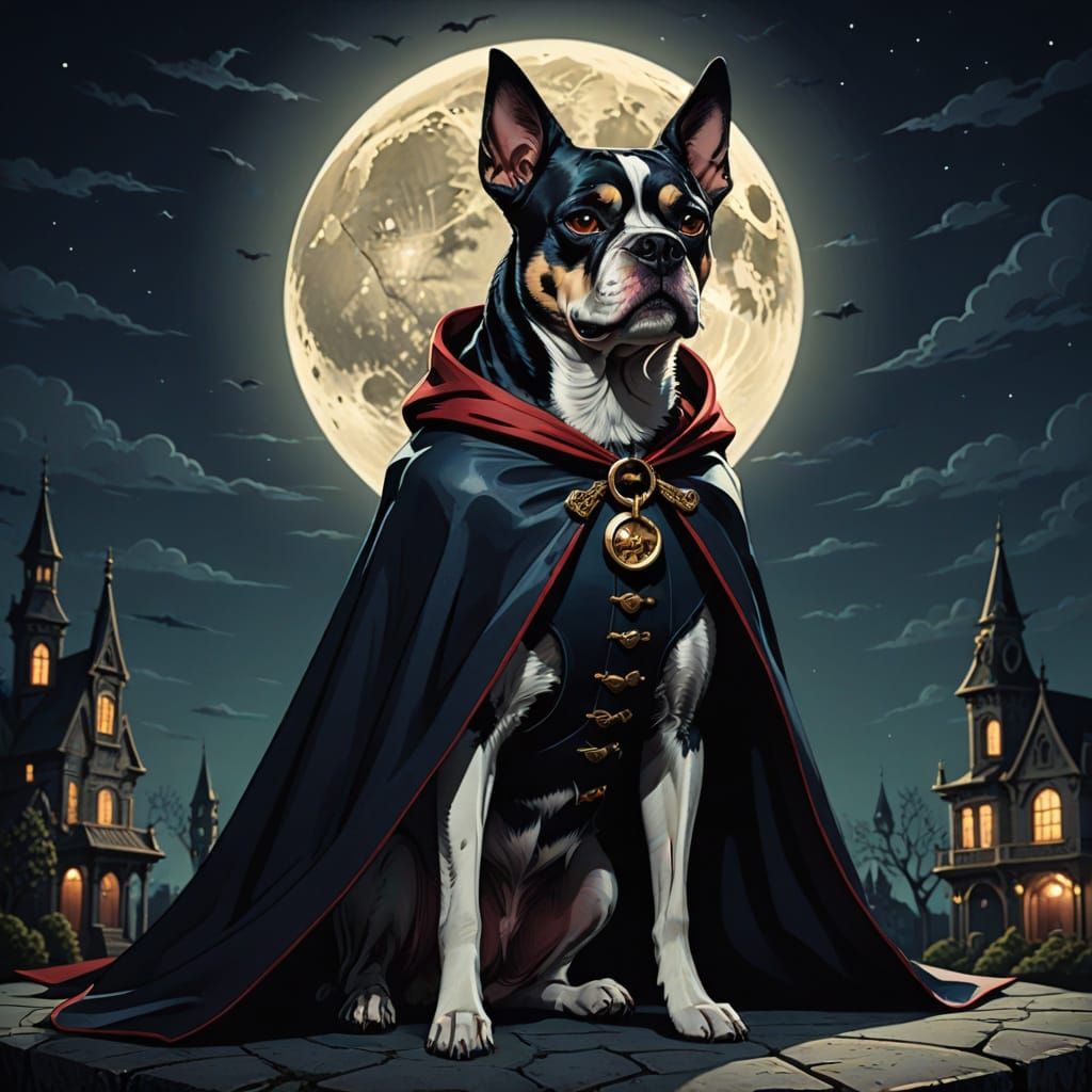 Pop Art Dog in Vampire Cape Under Full Moon