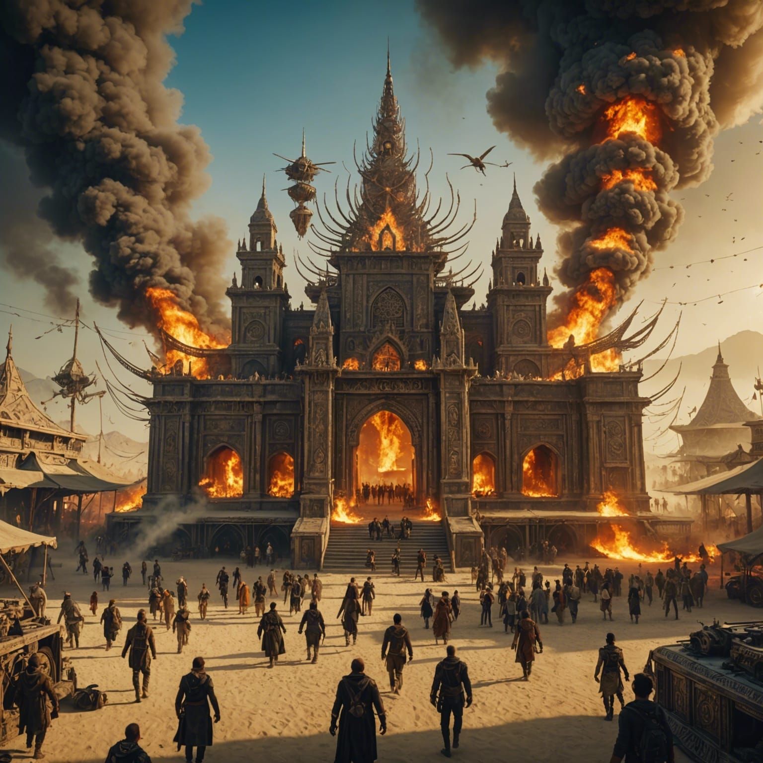 Burning Man Temple Under Attack: Epic Cinematic Scene