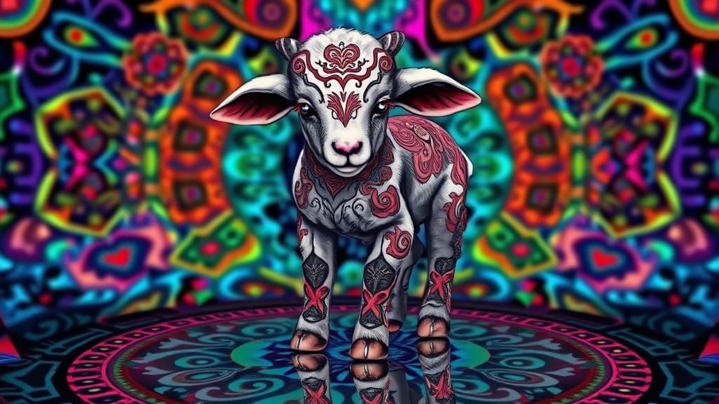 Vibrant Tattooed Lamb in Kaleidoscope Field