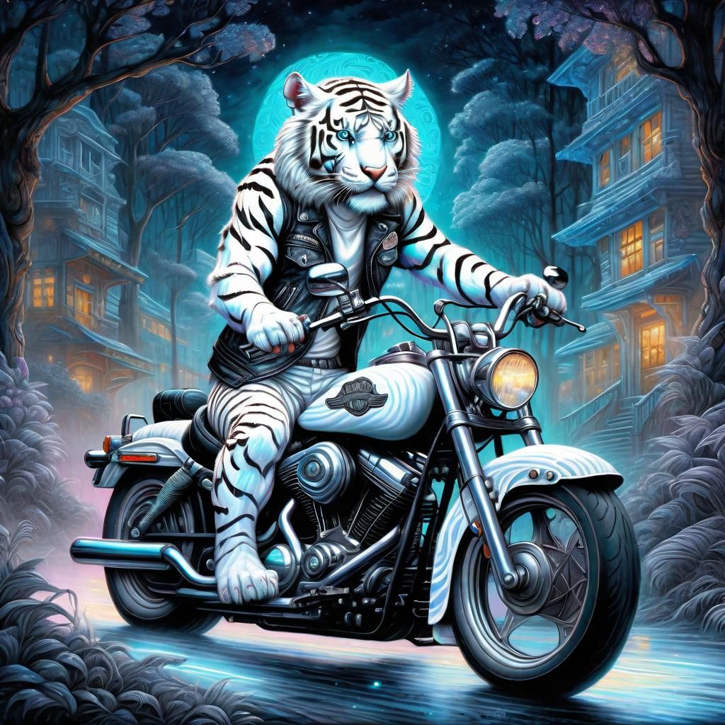 White Tiger on Harley Davidson in Digital Baroque Style